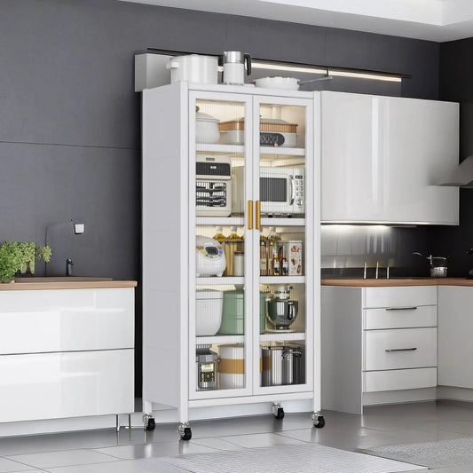 Open-door Kitchen Shelving Floor-to-ceiling Multilevel Household Microwave Storage Cabinet Bowls Side Cabinets Cabinets Storage Cabinets White Color by GJG Denim