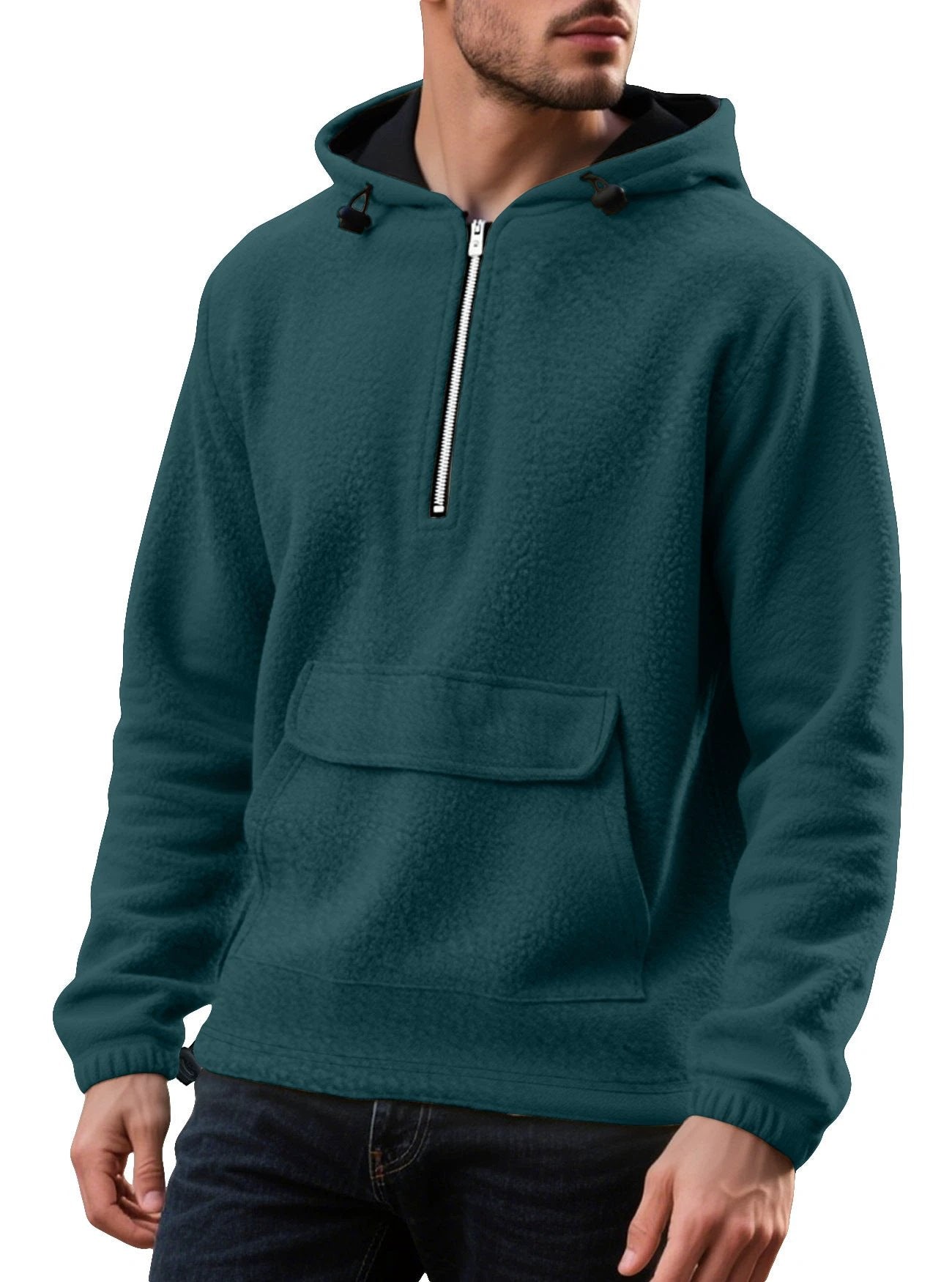 Men's Padded Fleece Solid Color Half Zip Hooded Pullover Sweater by GJG Denim