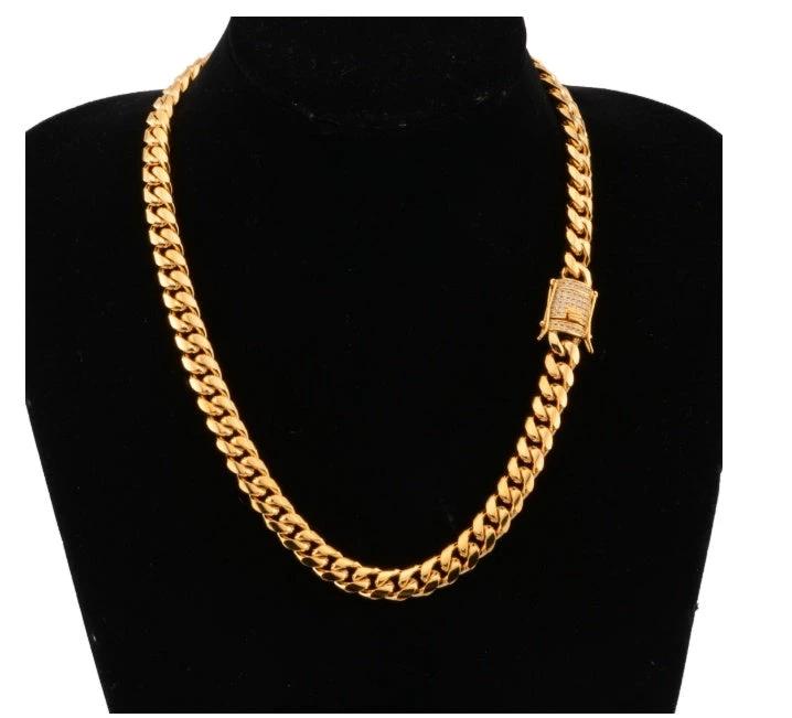 8-18mm Wide Stainless Steel Cuban Chain CZ Zircon Box Lock Necklace by GJG Denim