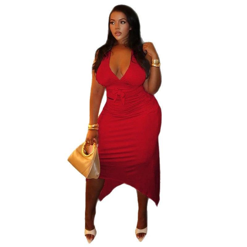 Solid-color Sexy Women's Clothing Sheath Skirt Set With Pleats And V-neck by GJG Denim