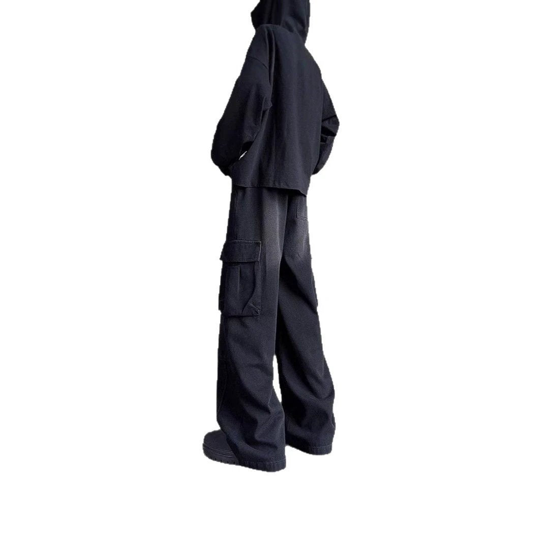 Washed Vintage Denim Men's Versatile Wide-Leg Multi-Pocket Casual Jeans by GJG Denim