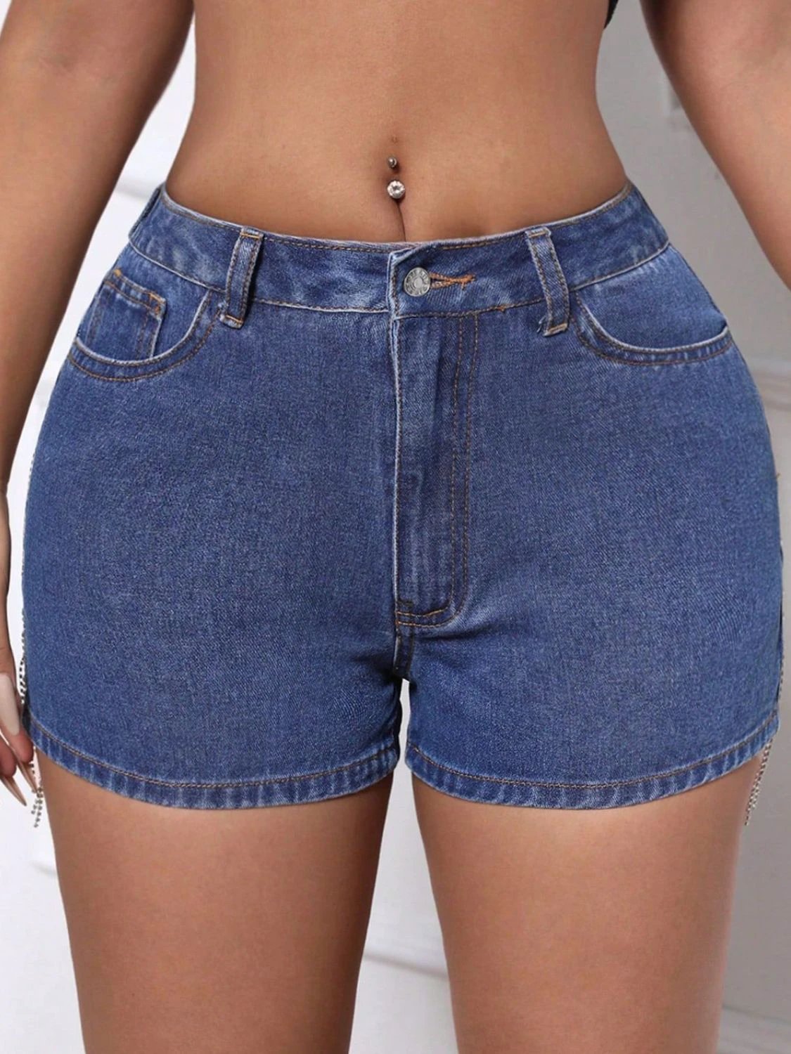 Fringe Back Denim Shorts with Pockets by Lady Ros