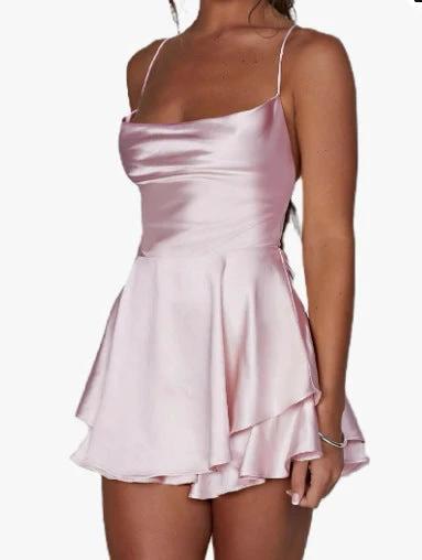 Halter Satin Backless Straps A Swing Dress Summer Sexy Temperament Elegant Celebrity Style Short Dress Womens Clothing by GJG Denim