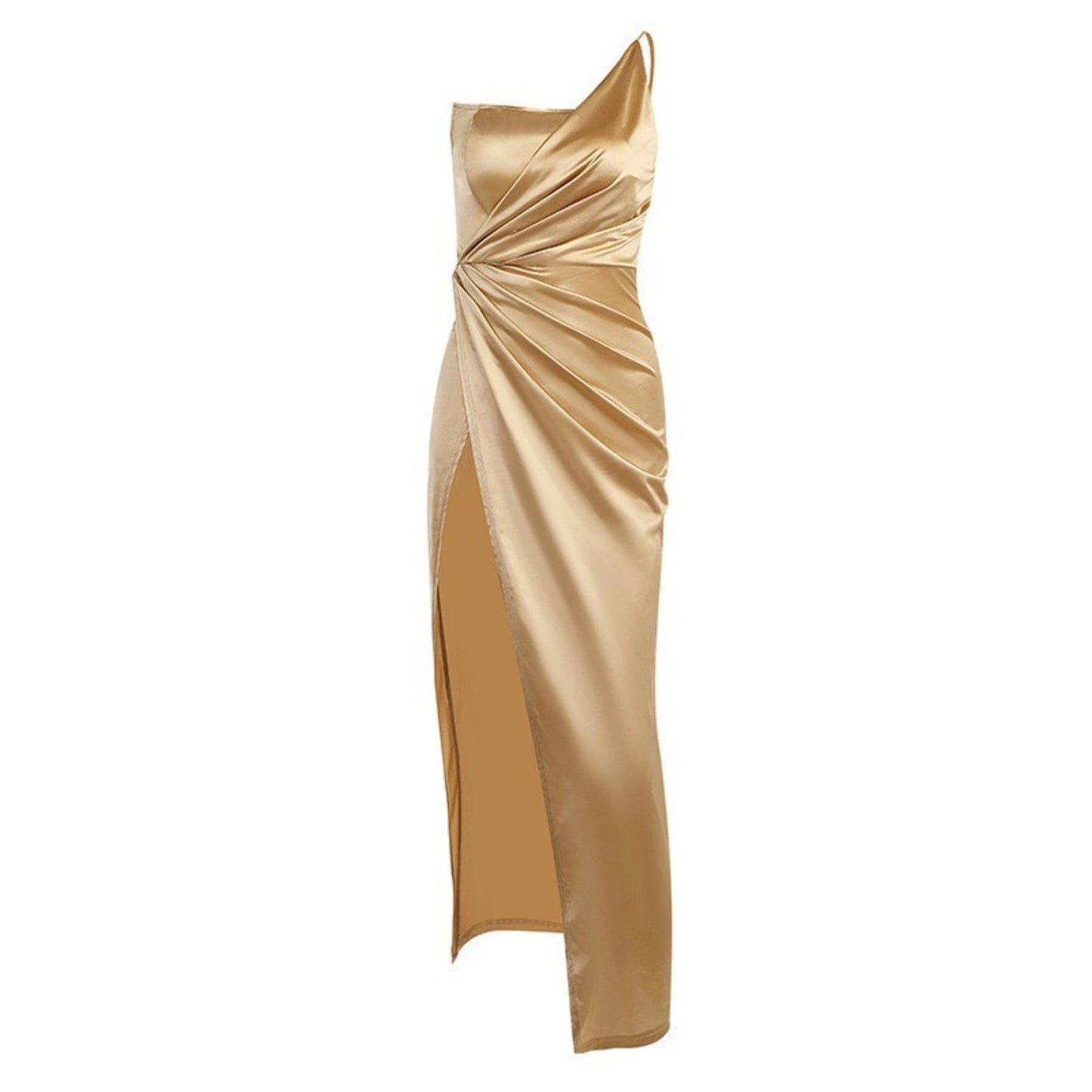Woven Single Shoulder Fishbone Waistband Slit Dress For Women by GJG Denim