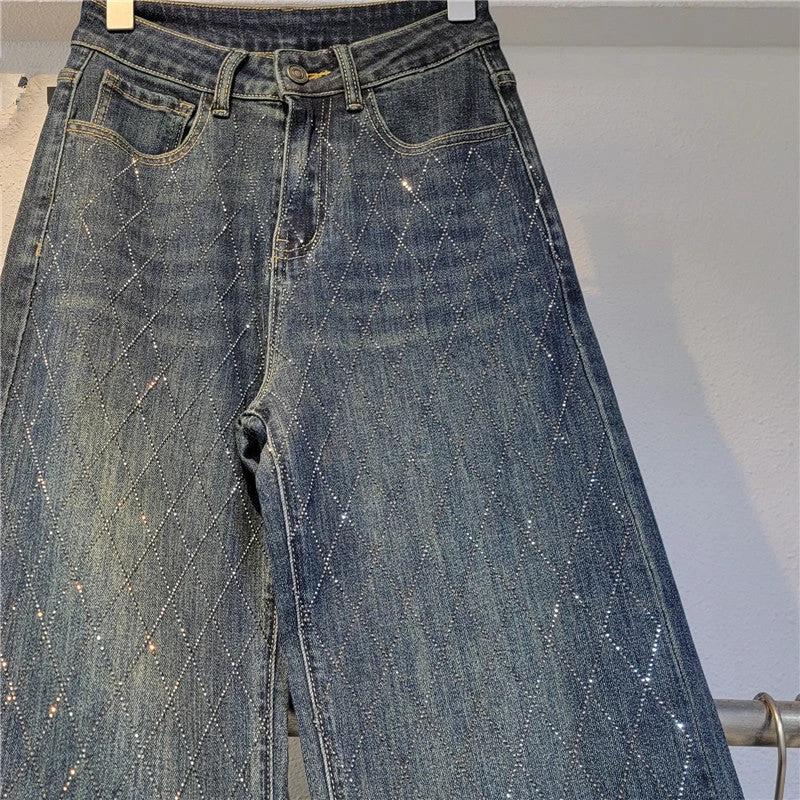 Heavy Industry Hot Rhinestone Lattice Diamond High Waist Loose Wide Leg Pants by GJG Denim