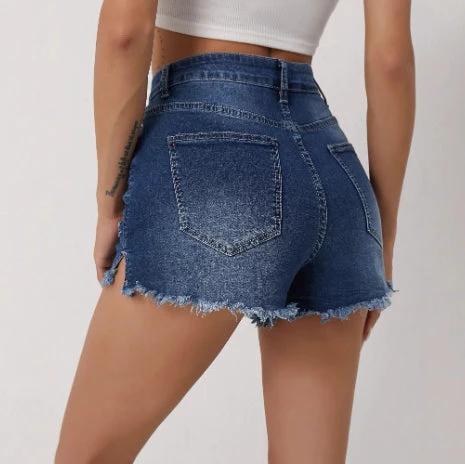 Womens High-waisted Slim-fit Ripped Denim Shorts by GJG Denim