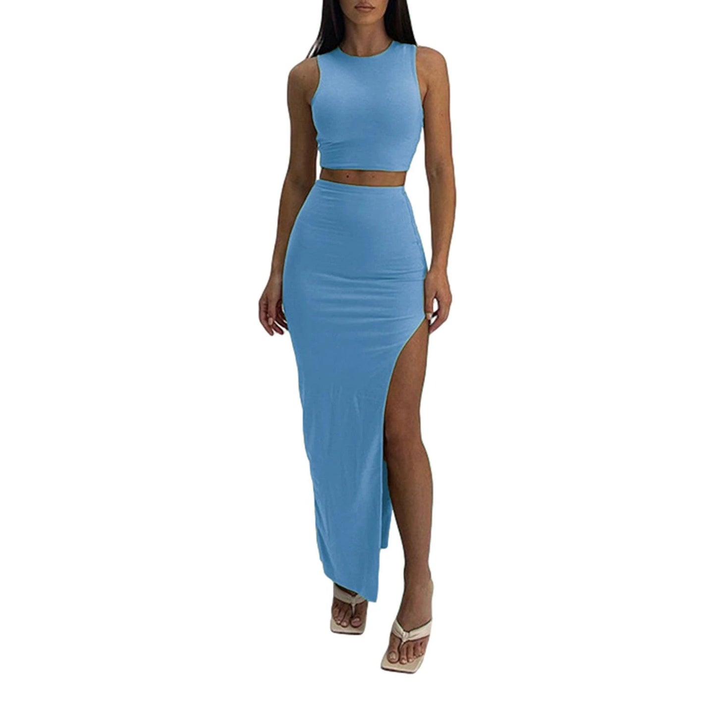 High-waisted Figure-flattering Side-split Skirt In A Casual Style by GJG Denim