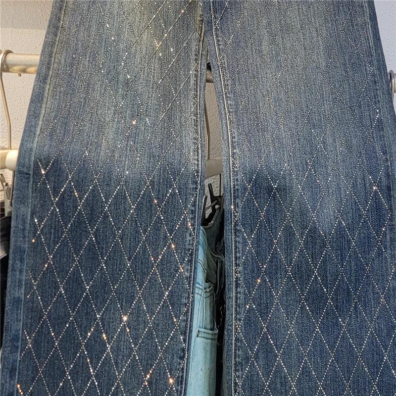 Heavy Industry Hot Rhinestone Lattice Diamond High Waist Loose Wide Leg Pants by GJG Denim