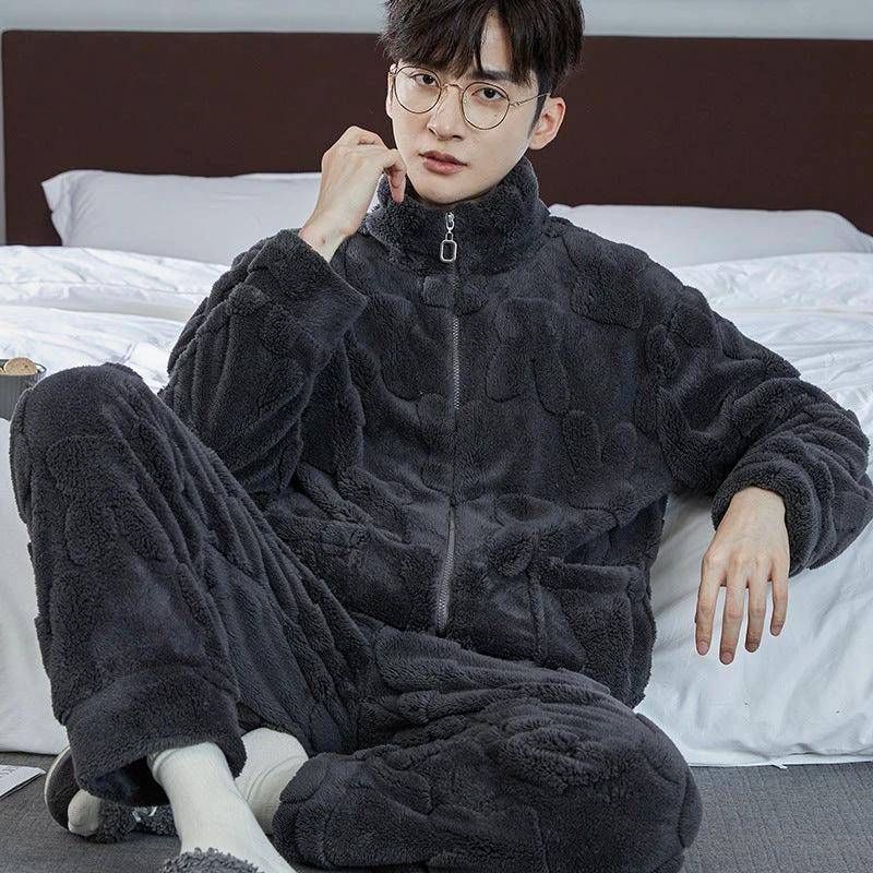 Pajamas Men's Jacquard Flannel Loose Fleece-lined Warm Loungewear by GJG Denim