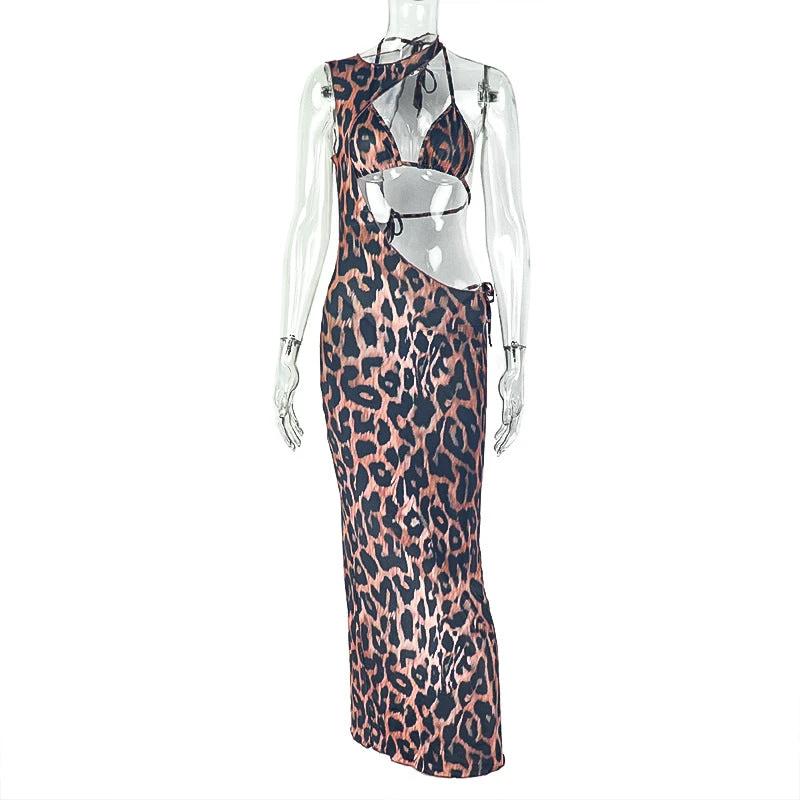 Women's Casual Leopard-Print Halterneck Maxi Dress Two-Piece Set by GJG Denim