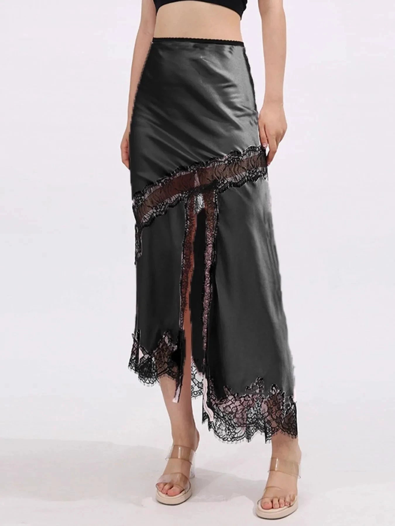 Lace Trim Asymmetrical Midi Skirt by Lady Ros