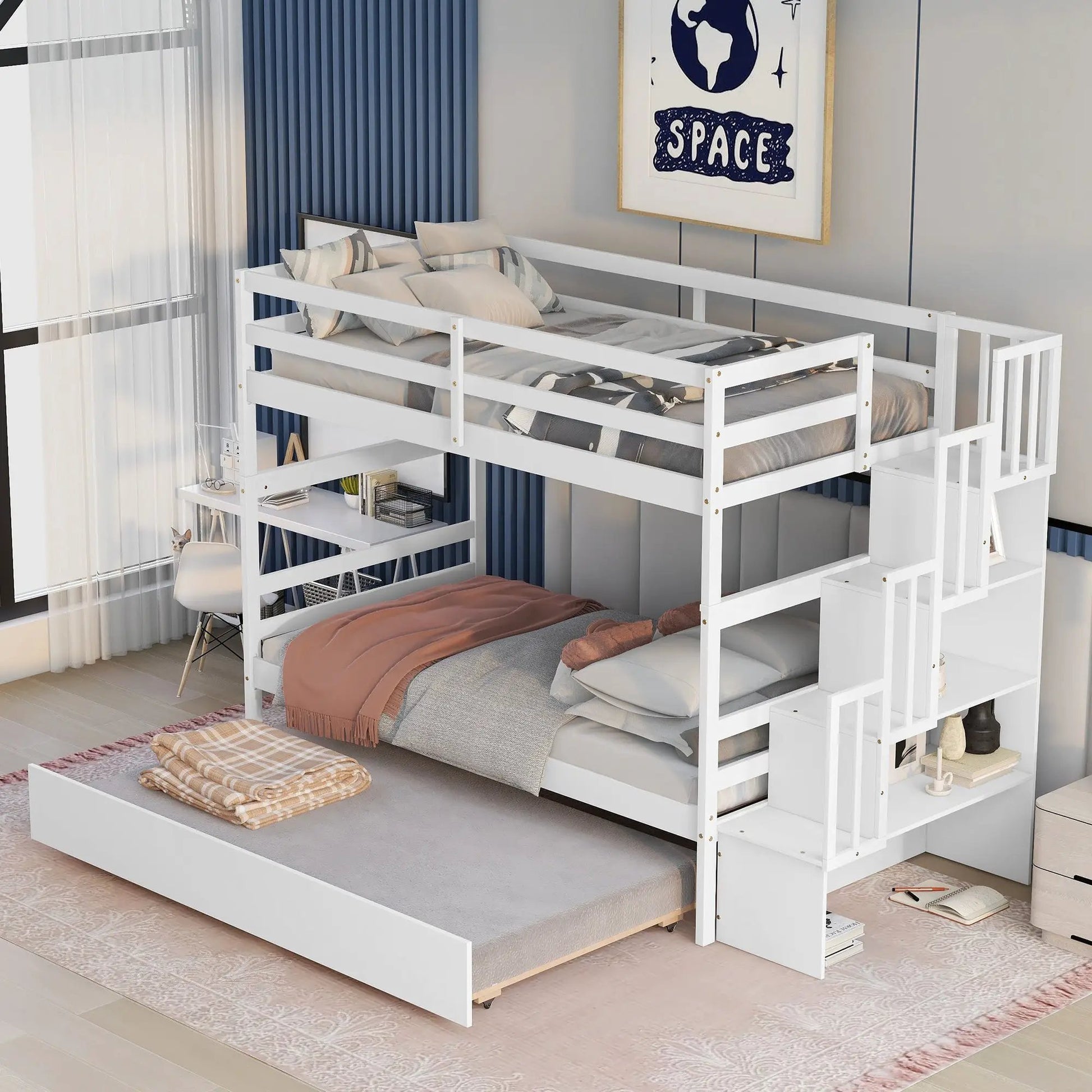 Twin Over Twin Bunk Beds With Twin Trundle And Stairway Storage Function In White Color by GJG Denim