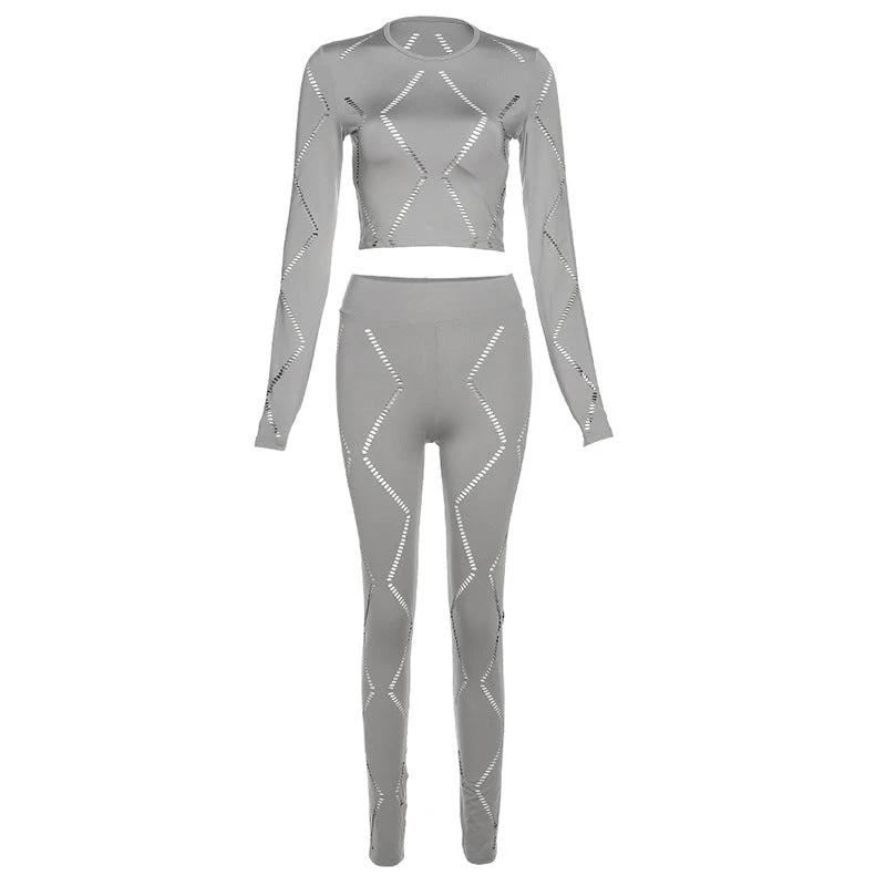 Women's Hollow-out Ripped High Waist Tight Pants Casual Sports Suit by GJG Denim