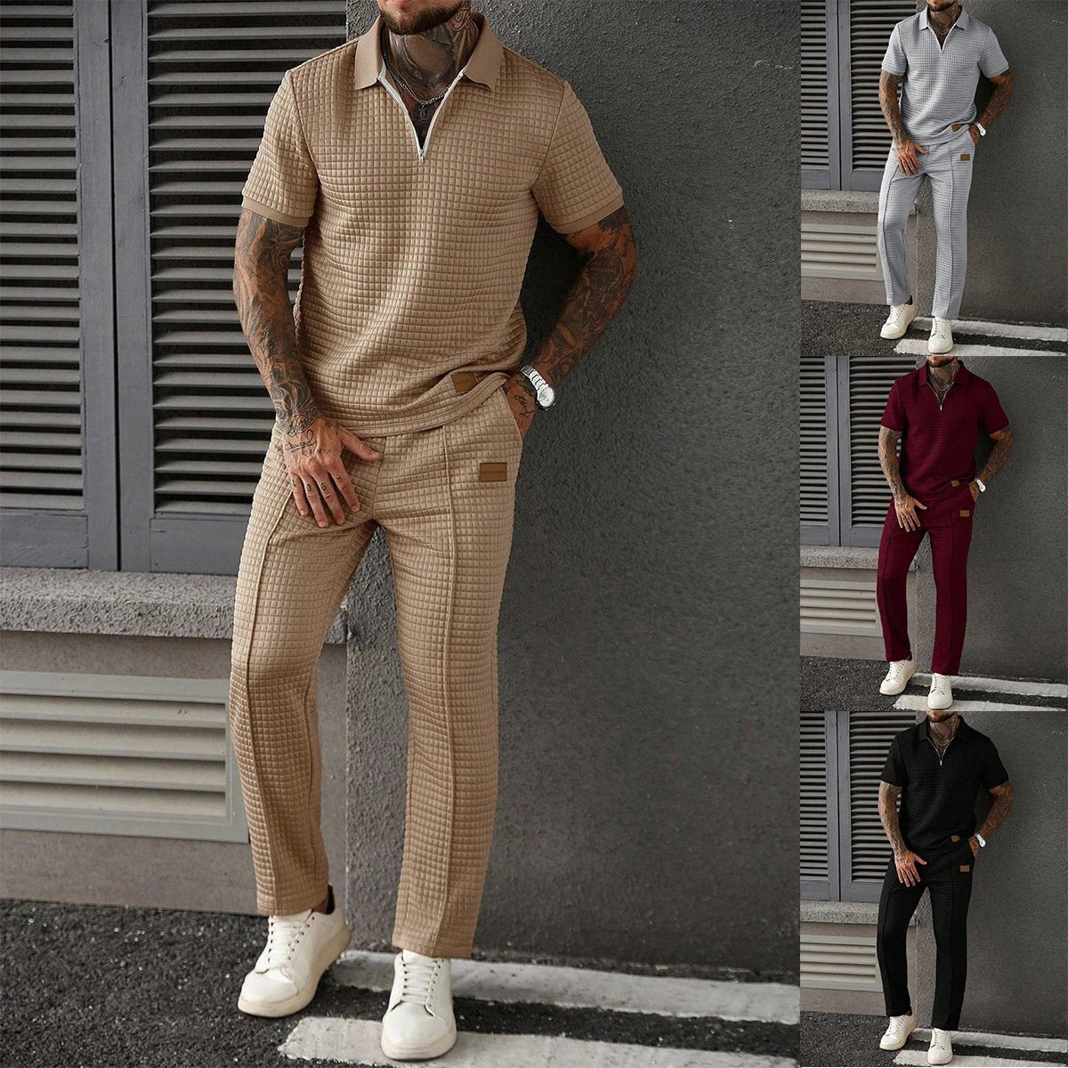Casual Zip-Up Polo Shirt Top And Pants Two-Piece Set For Men by GJG Denim