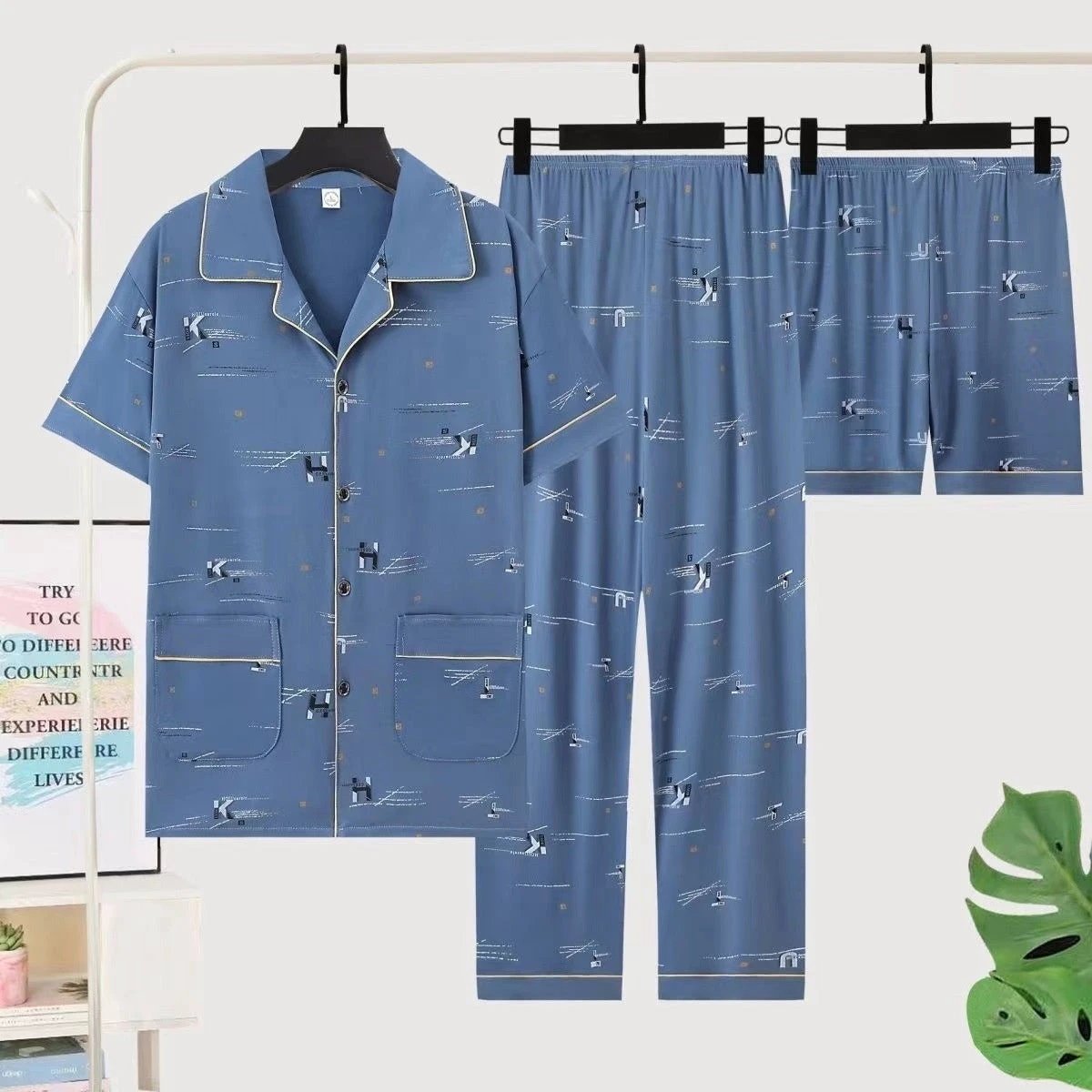 Men's Pajamas Short-sleeved Three-piece Set by GJG Denim