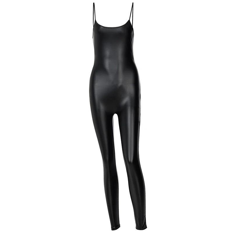 Street Shot PU Leather Suspender Pants Women by GJG Denim