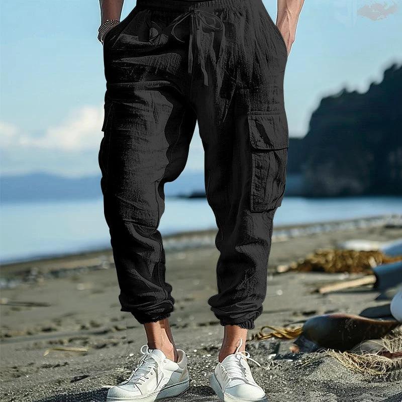 Men's Casual Ankle-tied Multi-pocket Tether Solid Color Loose Pants by GJG Denim