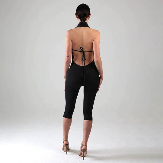 Solid-color Strap-tied H ip-hugging Capri Jumpsuit by GJG Denim