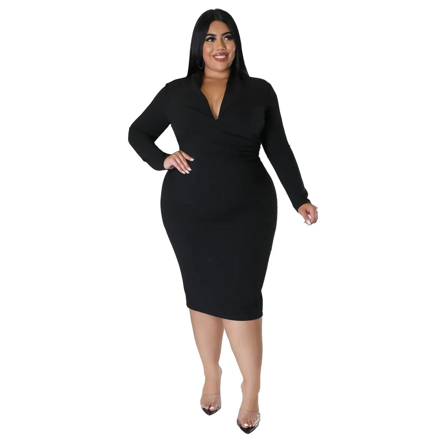 Fashion Casual Solid Color Long Sleeve Zipper V-neck Dress by GJG Denim