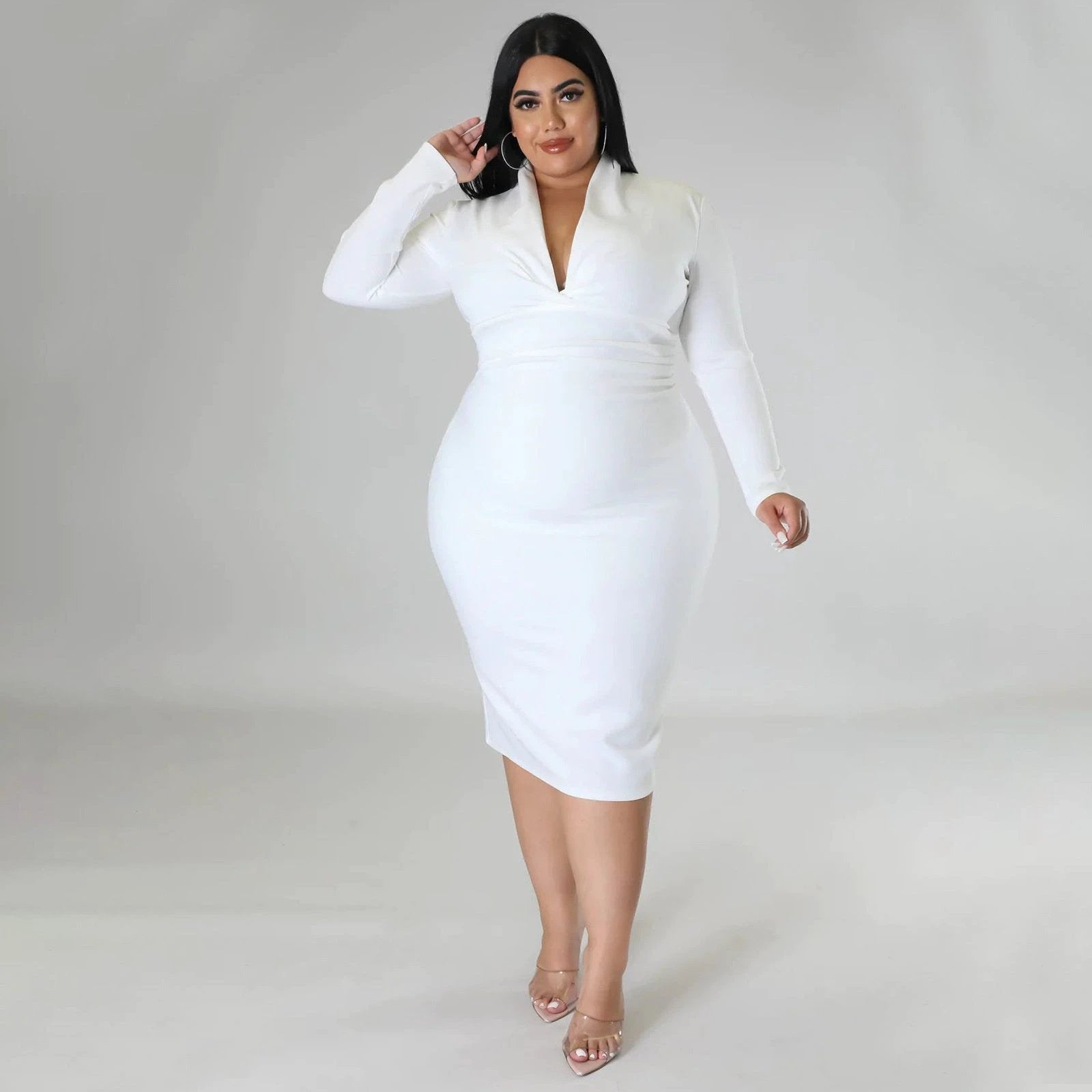 Fashion Casual Solid Color Long Sleeve Zipper V-neck Dress by GJG Denim