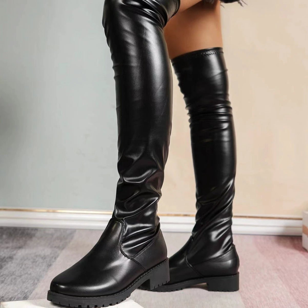 Women's Over-the-knee Stretch Low Heel Chunky Heel Boots by GJG Denim
