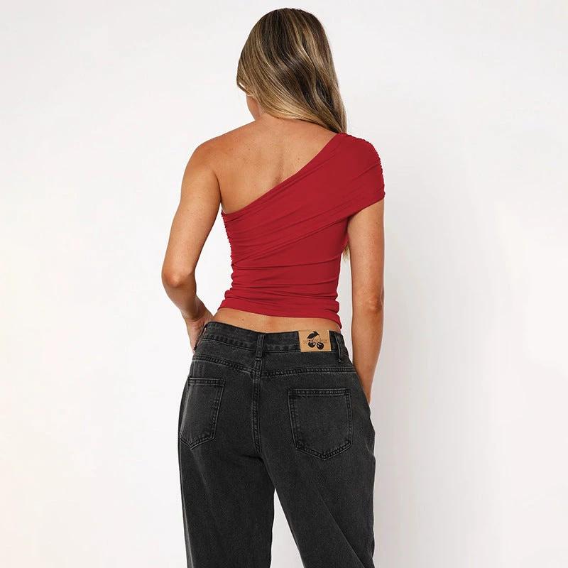 Cloud Sense Oblique Shoulder Fitted Waist Pleated T-shirt by GJG Denim