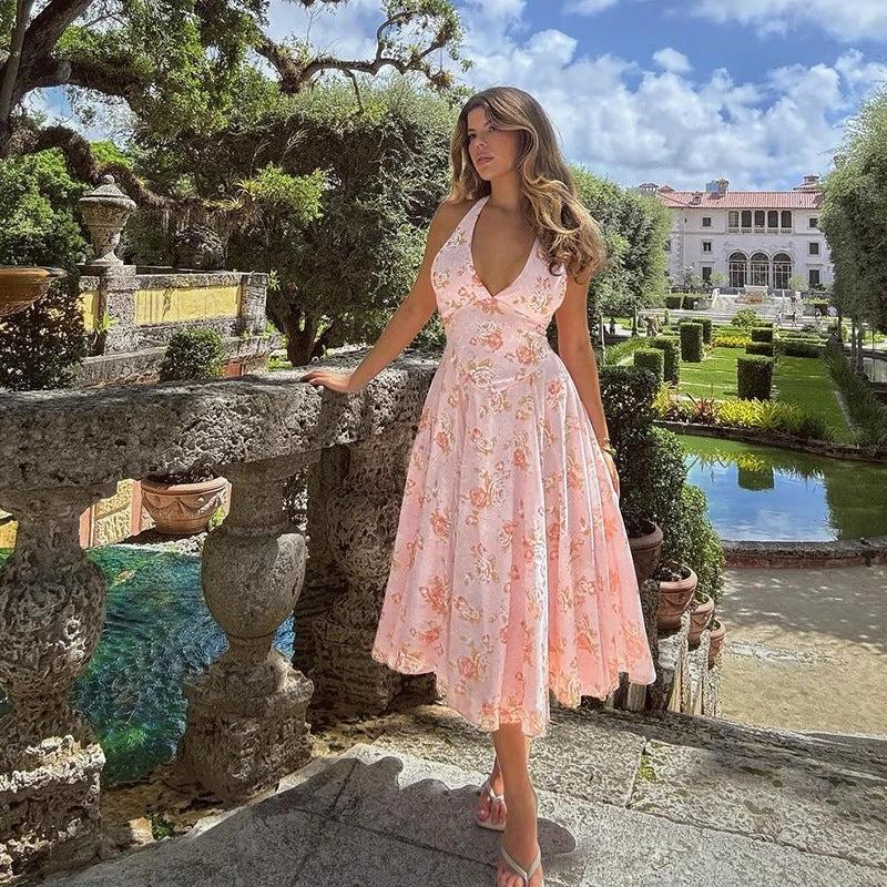 Floral Print Halter A- Line Dress Women by GJG Denim