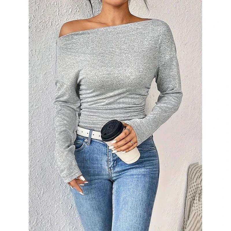 Women's Off The Shoulder Tops Long Sleeve T Shirts Going Out Tops Casual Trendy Ruched Slim Fitted Tees by GJG Denim