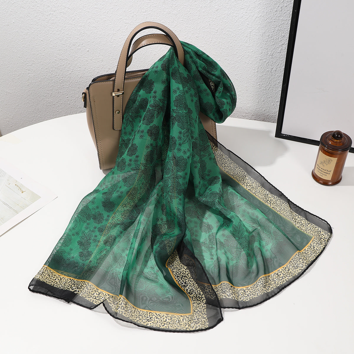 Full-patterned Flower Leopard-print Border Chiffon Soft 150-thread Scarf, Fashionable And Luxurious Style, Suitable For Daily Wear, Business Or Casual Wear In Spring And Summer. by GJG Denim