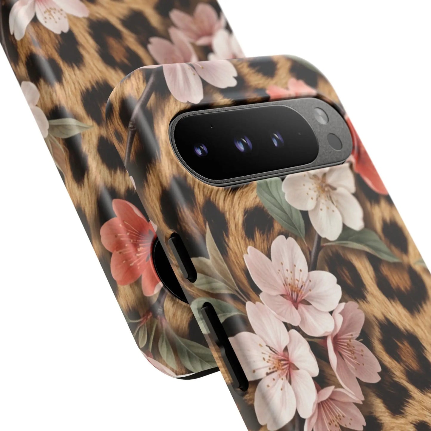 Leopard Floral Tough Case — Protective Phone Case with Pink Cherry Blossoms by Printify