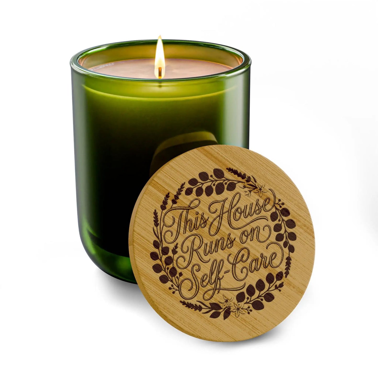 Engraved Soy Candle - "This House Runs on Self-Care" 14oz Scented Candle with Bamboo Lid by Printify