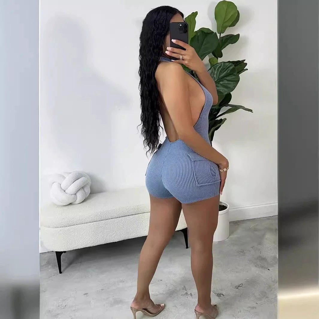 Zipper Sunken Stripe Design Sexy Tight Shorts One-piece by GJG Denim