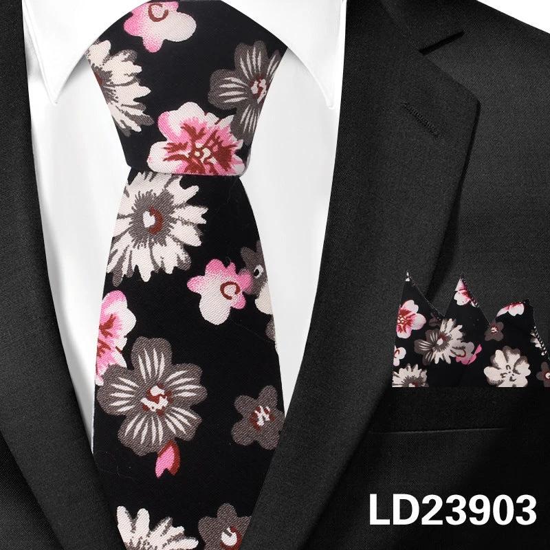 Men's Casual Cotton Floral Print 6cm Tie and Pocket Square by GJG Denim