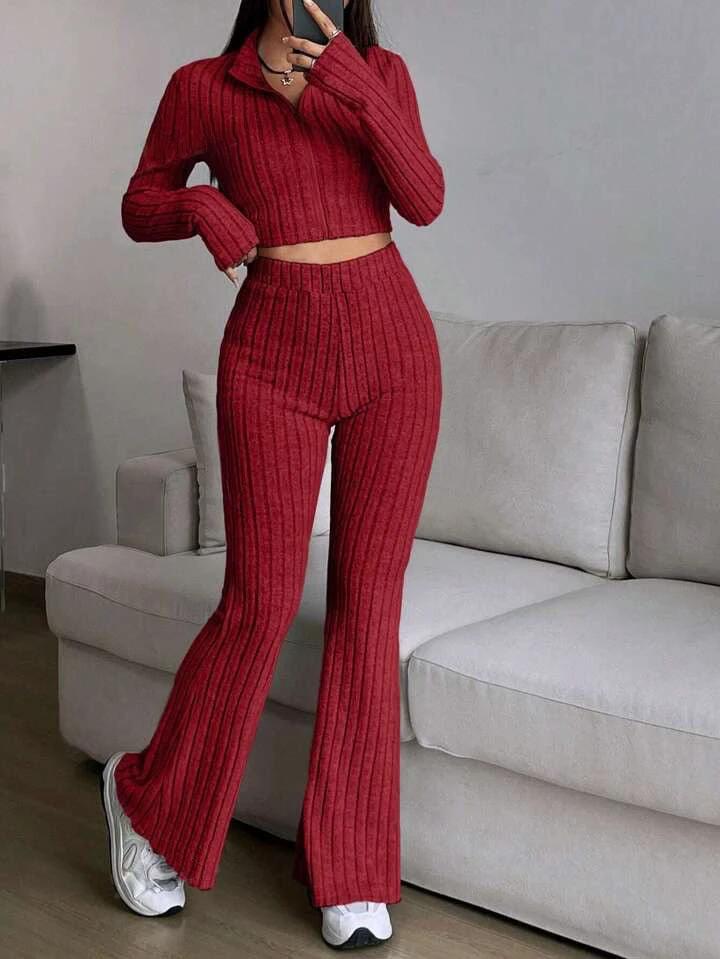 Fashionable Solid-Color Ribbed Two-Piece Set Zip-Up Long-Sleeve Cropped Top And High-Waist Flare Pants Suit by GJG Denim
