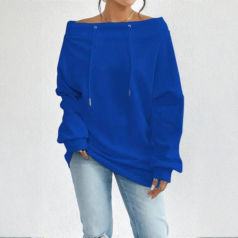 Plus Size Women's Solid Color Off-Shoulder Long Sleeve Pullover With Drawstring - Casual Ribbed Detail Top For Spring&Fall by GJG Denim