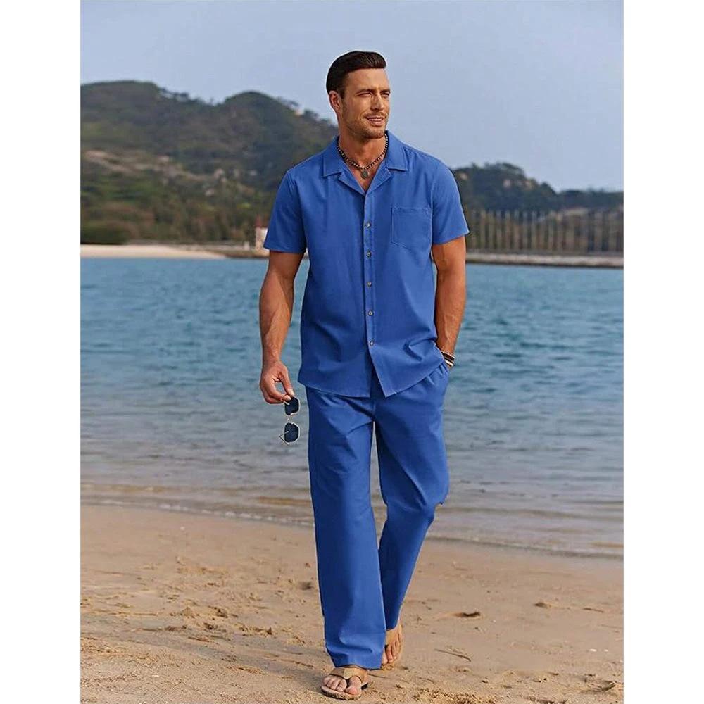 Men's Vintage Short-sleeve Shirt And Casual Trousers Two-piece Set by GJG Denim
