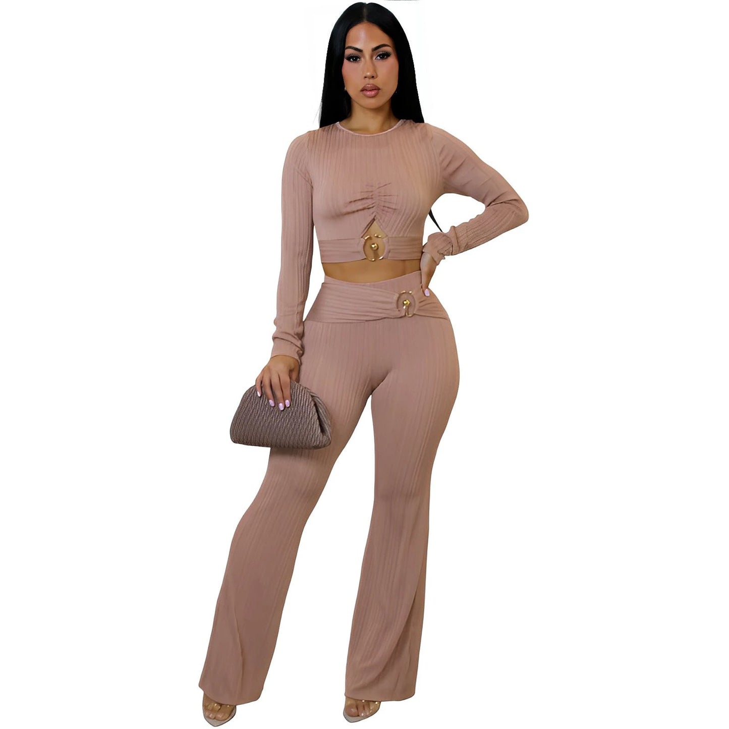 Women's Slim-fit Sexy Hollow-out Top And Flared Pants Two-piece Set by GJG Denim