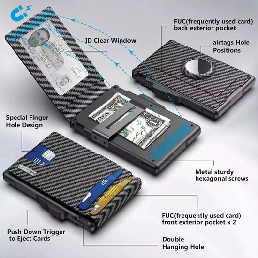 Men's Card Holder Large Capacity Flip Carbon Fiber Metal Cartridge by GJG Denim