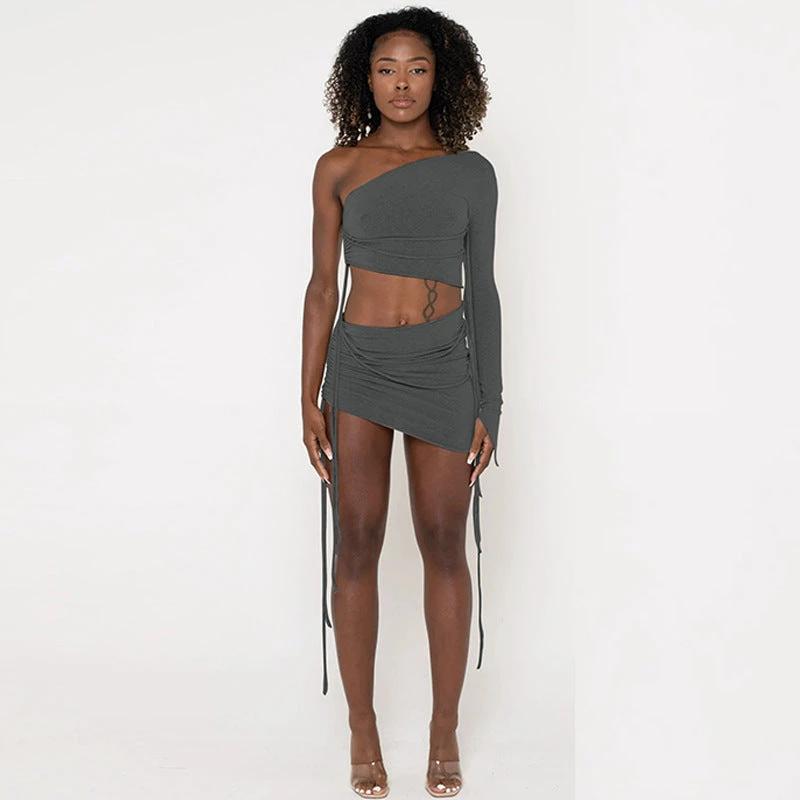 One Shoulder Midriff-baring Top Side Drawstring Skirt Set by GJG Denim