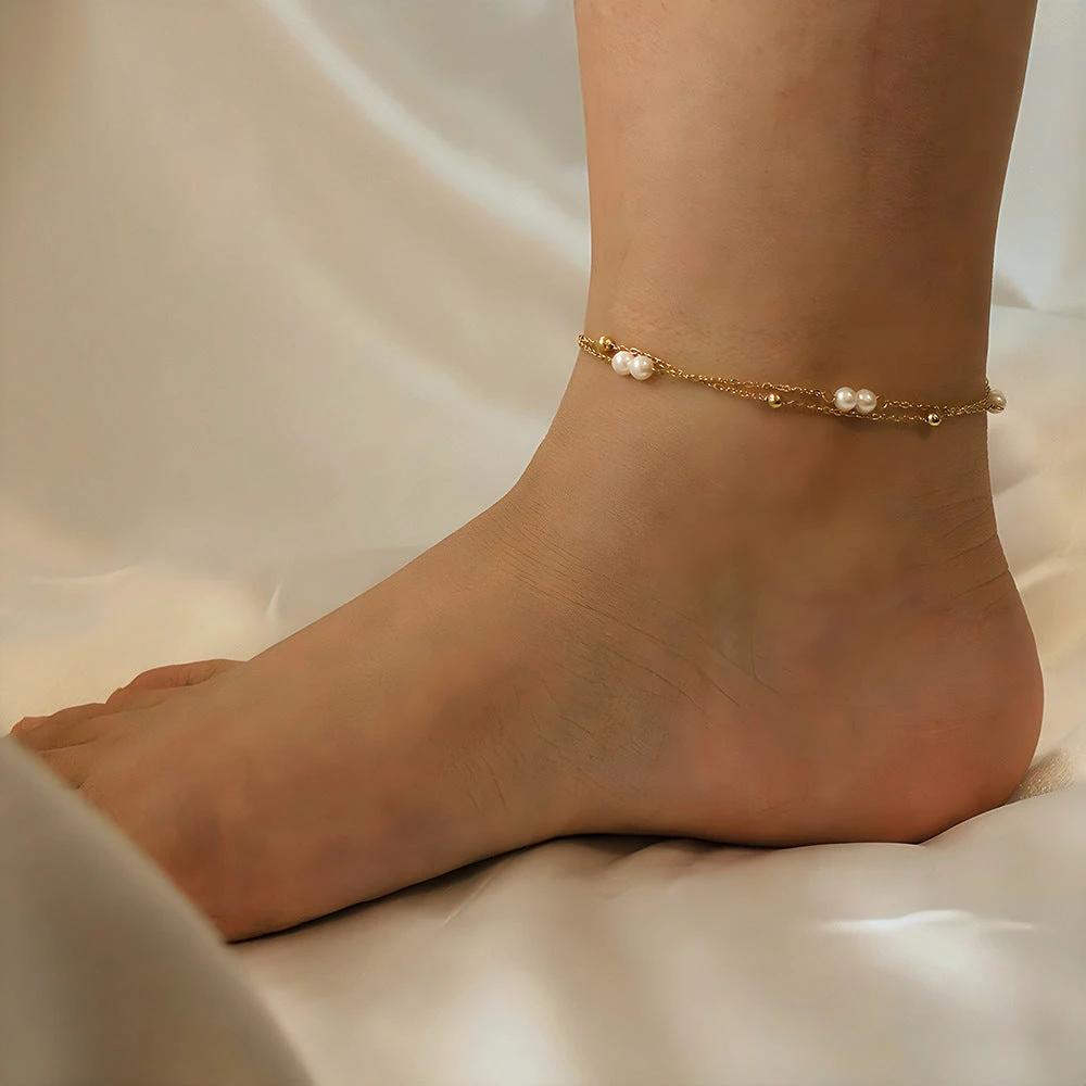 Womens Double-Layer Creative Beaded Multi-Strand Anklet by GJG Denim
