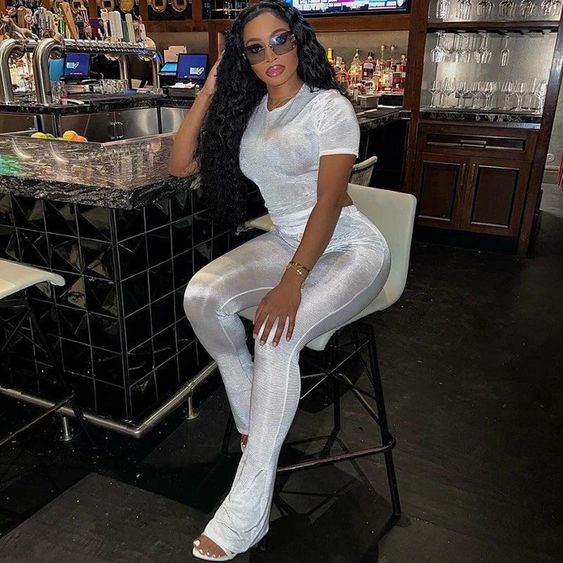 Cross-border European And American Foreign Trade 2024 Fall Women's Clothing New Slim Fit Figure Flattering Short Sleeve Top High Waist Casual Trousers Suit by GJG Denim