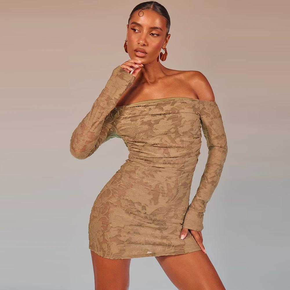 Women's Autumn High Elastic 3D Flower Cutout Backless Off-shoulder Long Sleeve Dress by GJG Denim
