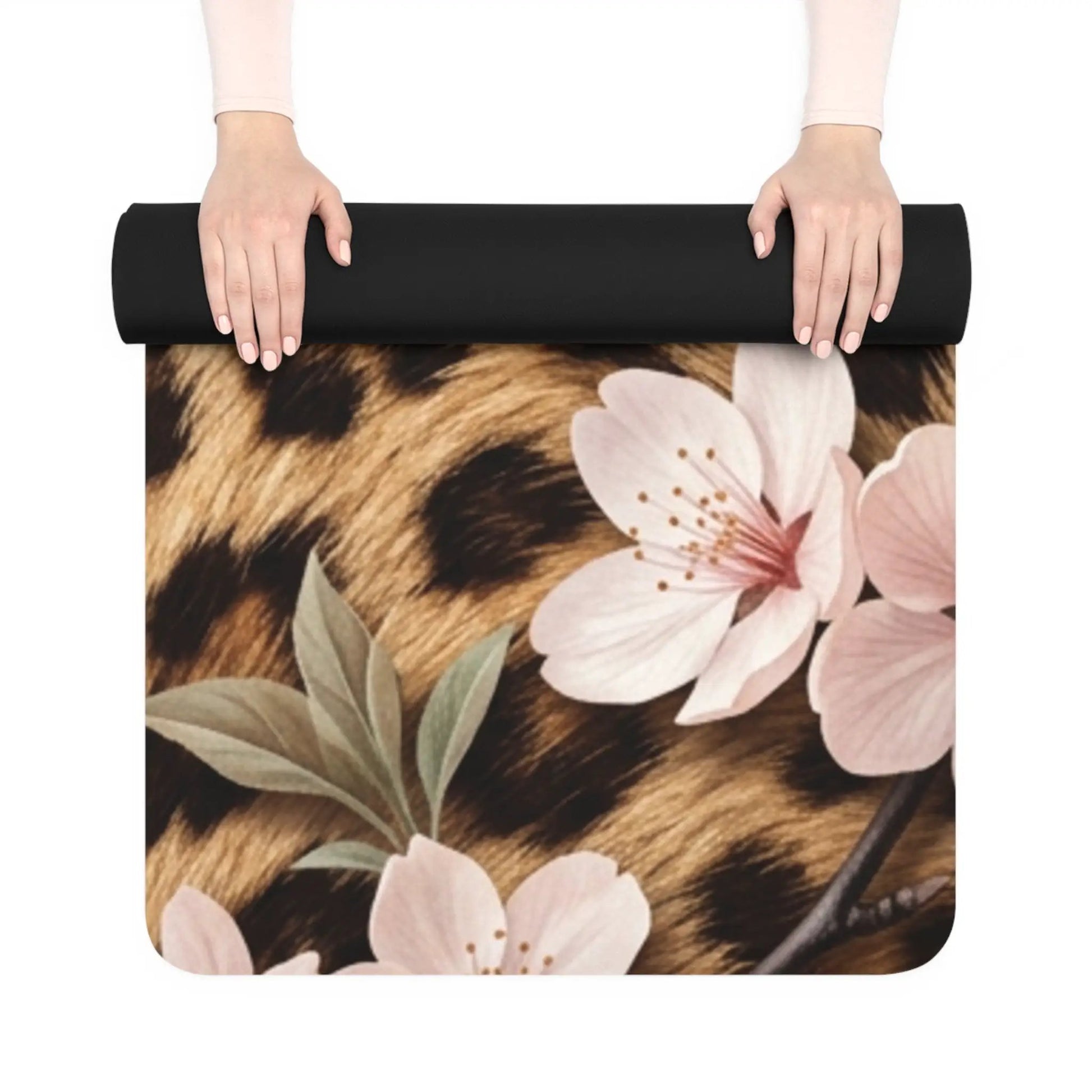 Leopard Floral Rubber Yoga Mat — Non-Slip Animal Print Fitness Mat by Printify
