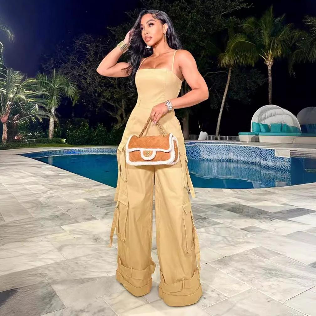 Tube Top Multi-pocket Cargo Wide Leg Jumpsuit by GJG Denim