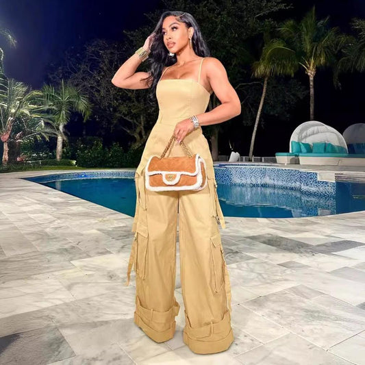 Tube Top Multi-pocket Cargo Wide Leg Jumpsuit by GJG Denim