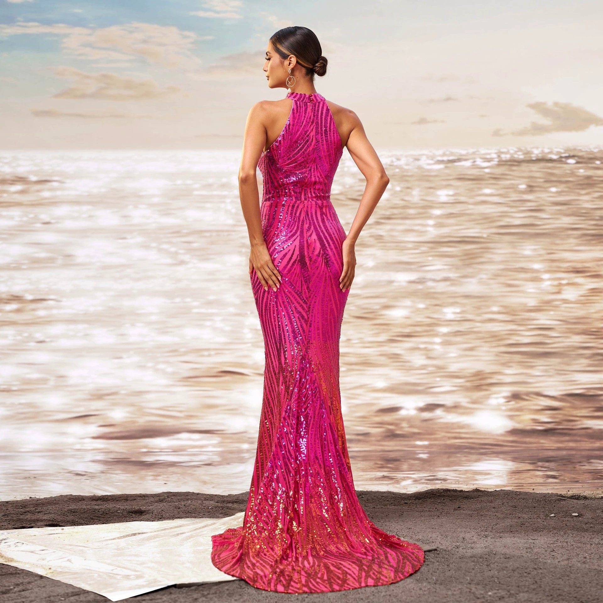 Round Neck Off-the-shoulder Slim-fit Sheath Sequined Banquet Fishtail Evening Dress by GJG Denim