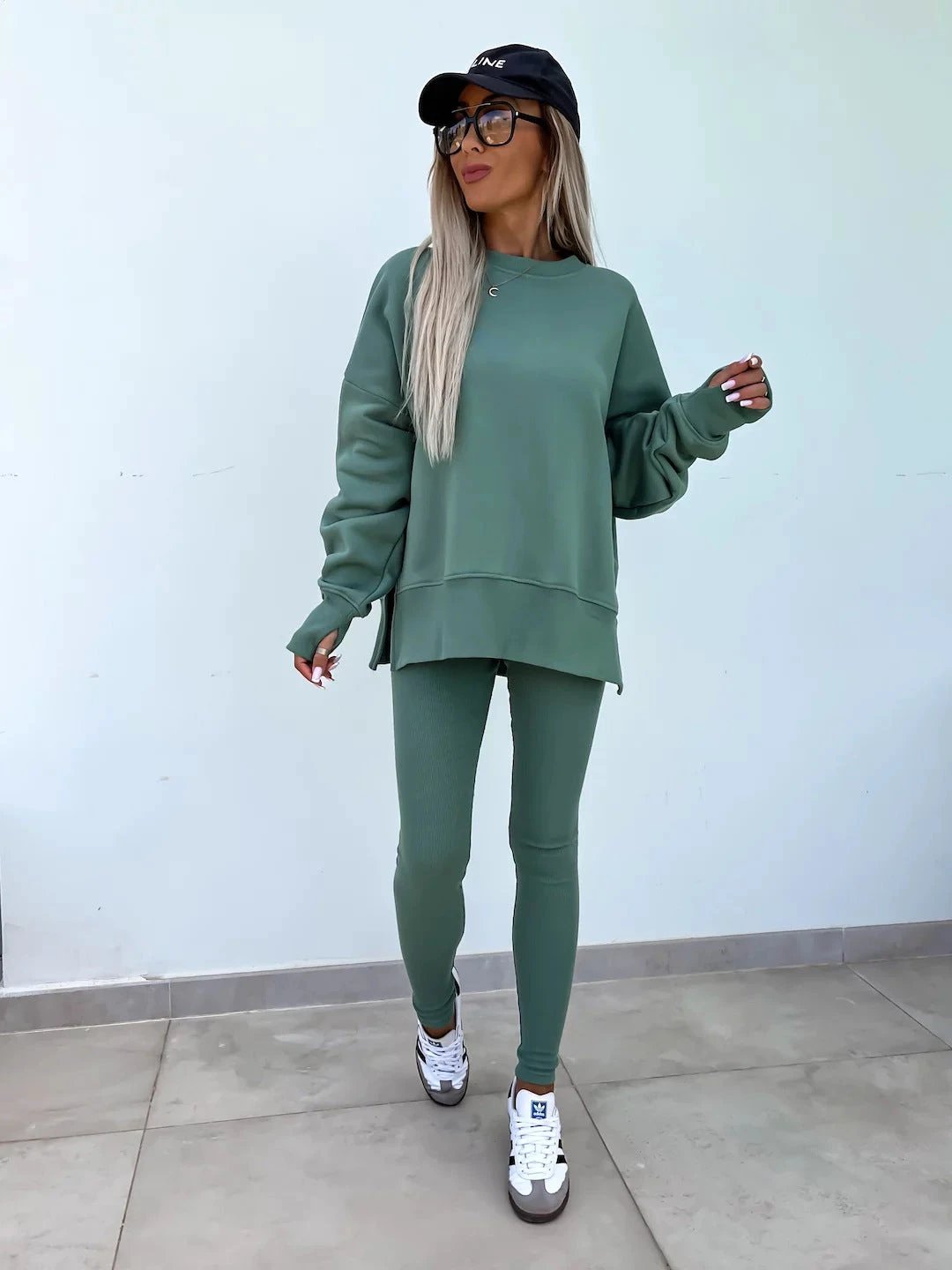 Sweater Suit Women's Casual Loose Long Sleeve Crew Neck Split Top Tight Trousers by GJG Denim