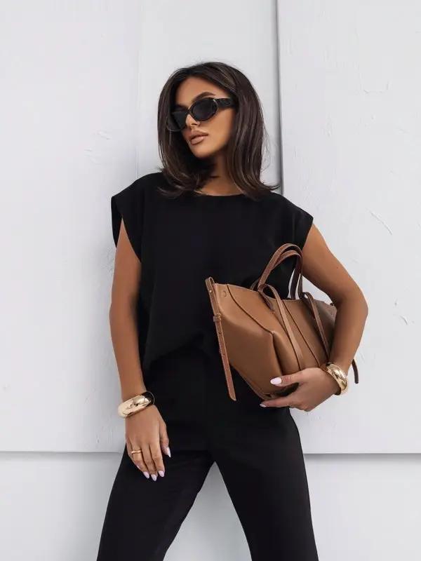 2 Piece Casual Set Short Sleeve T-Shirt Vest Loose Wide Leg Pants Seasonal Comfort by GJG Denim