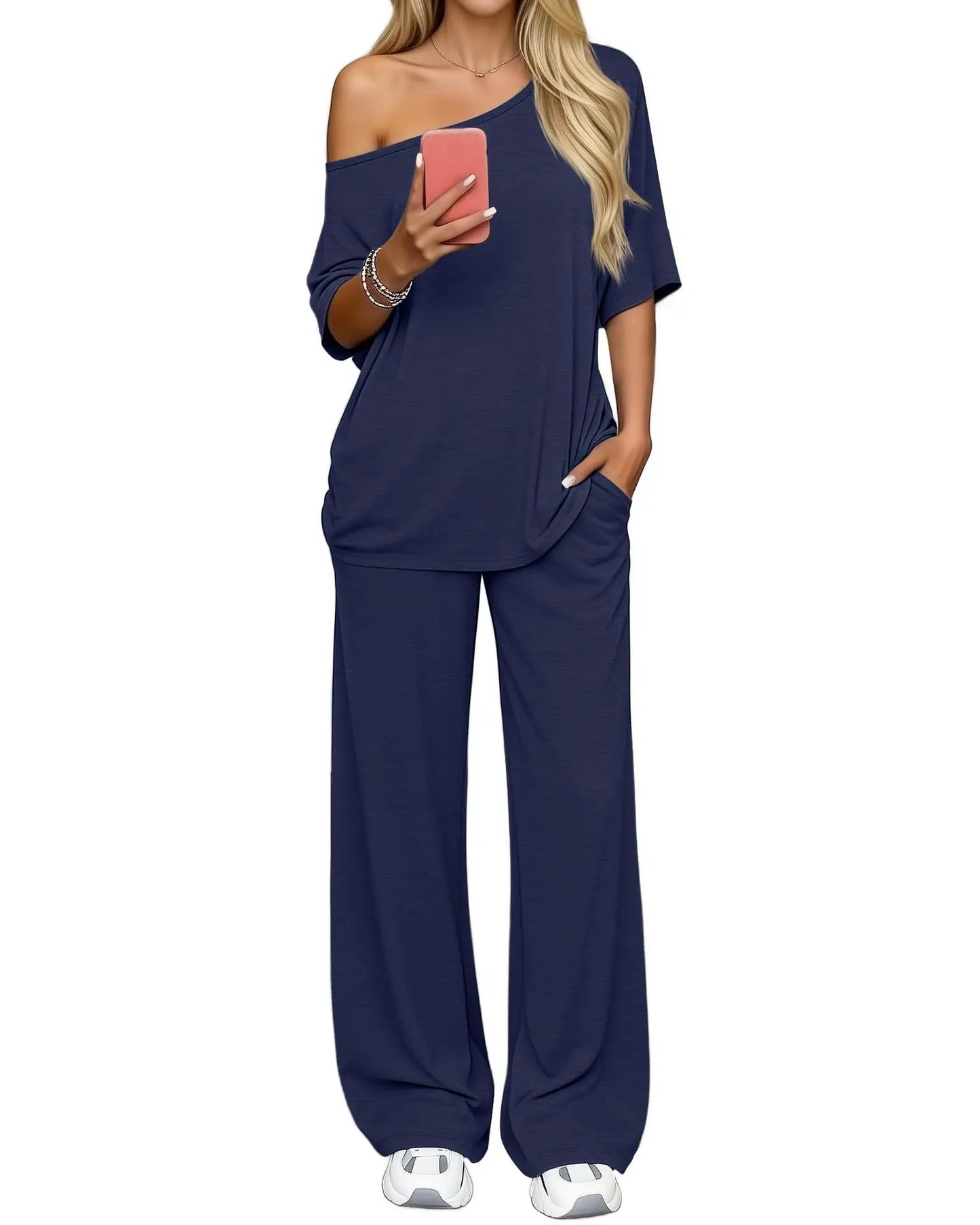 Off-shoulder Loose Casual Short-sleeve Top And Wide-leg Pants Two-piece Set by GJG Denim