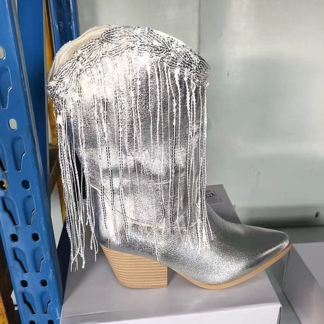 European And American Fashion Middle Fashion Boots Female Retro Chunky Heel Pleated Western Knight by GJG Denim